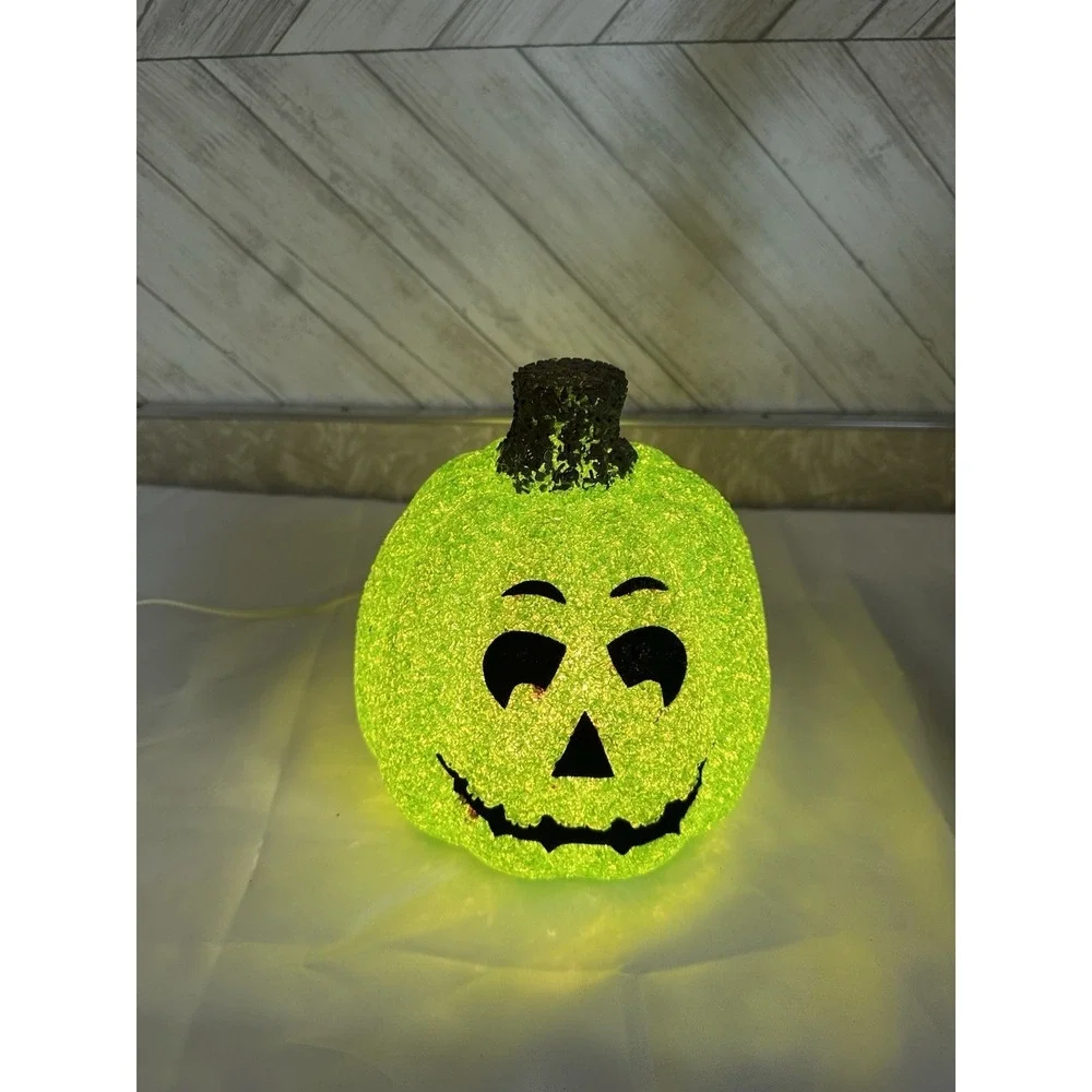 Vtg Melted Plastic Popcorn Green Pumpkin Light Up Halloween K Mart Seasons Brand
